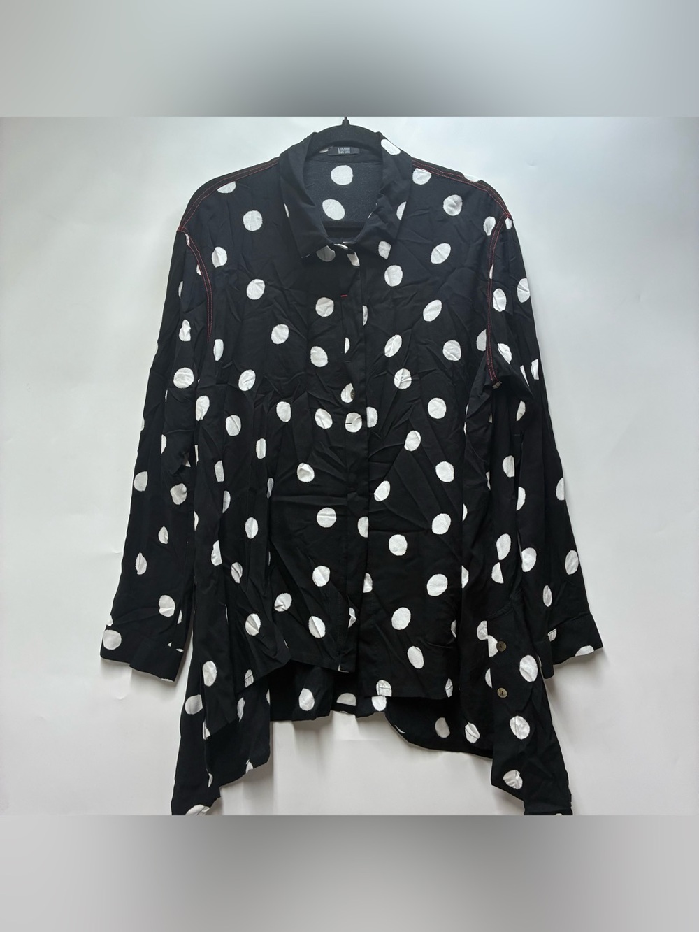 Moyuru Medium Black Polka Dot Button Up Tunic Top Blouse Japanese Asymmetrical